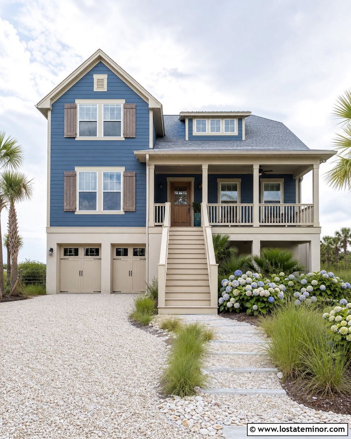 Denim Blue House With Sand Beige Trim - 30 Denim Blue House Design With Trim Ideas