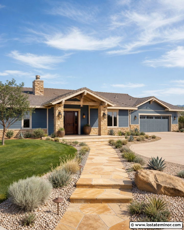 Denim Blue House With Sandstone Walkway - 30 Denim Blue House Design With Walkway Ideas