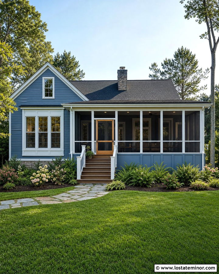 Denim Blue House With Screened Deck - 30 Denim Blue House Design With Deck Ideas