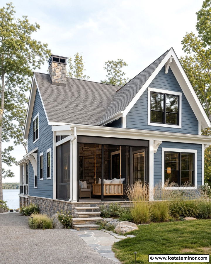 Denim Blue House With Screened Porch Swing - 30 Denim Blue House Design With Swing Ideas