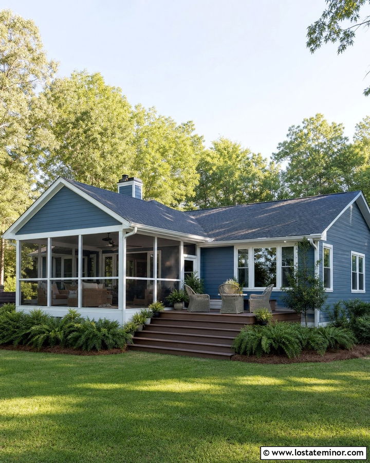 Denim Blue House With Screened Porch - 30 Denim Blue House Design With Backyard Ideas