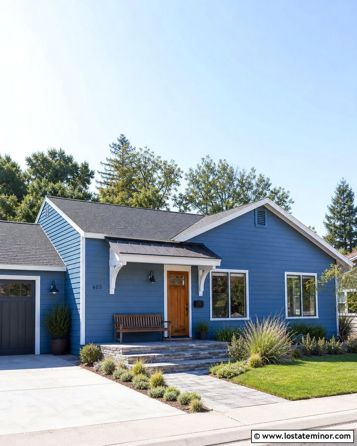 Denim Blue House With Shed Roof Awning - 30 Denim Blue House Design With Awning Ideas