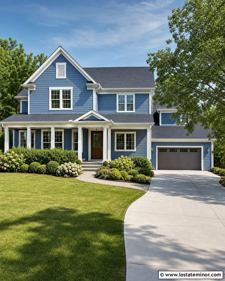 Denim Blue House With Side Entry Garage Driveway - 30 Denim Blue House Design With Driveway Ideas