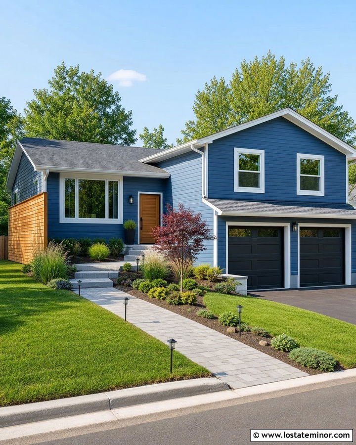 Denim Blue House With Side Entry Walkway - 30 Denim Blue House Design With Walkway Ideas