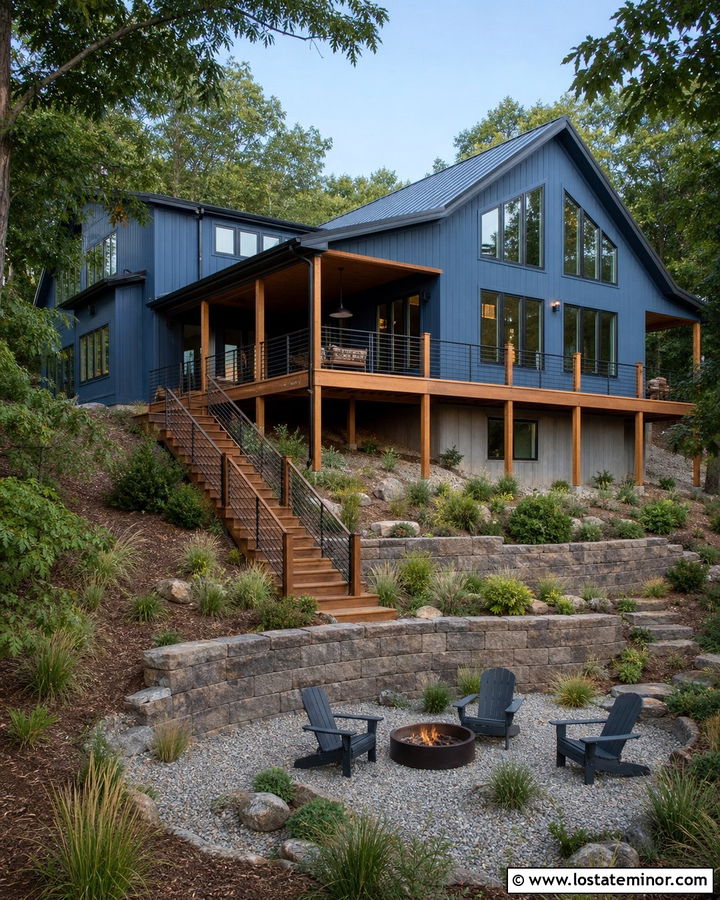 Denim Blue House With Sloped Backyard Deck - 30 Denim Blue House Design With Backyard Ideas