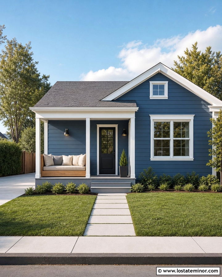 Denim Blue House With Small Porch Daybed - 30 Denim Blue House Design With Daybed Ideas
