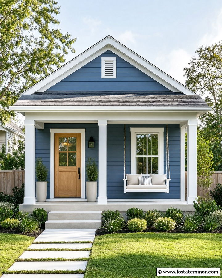 Denim Blue House With Small Porch Swing - 30 Denim Blue House Design With Swing Ideas