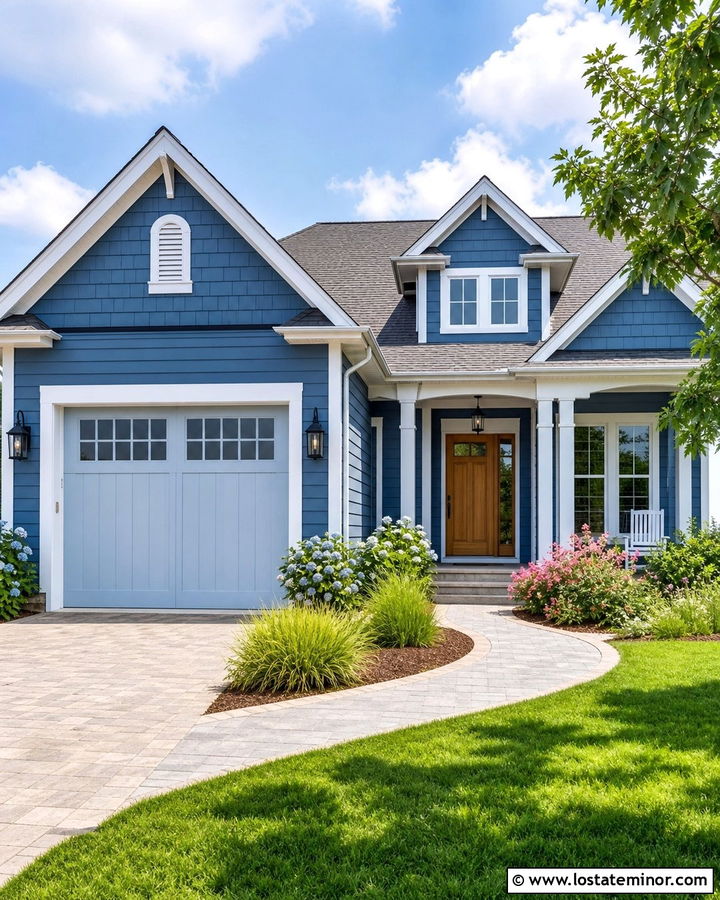 Denim Blue House With Soft Blue Garage Door - 30 Denim Blue House Design With Garage Door Ideas