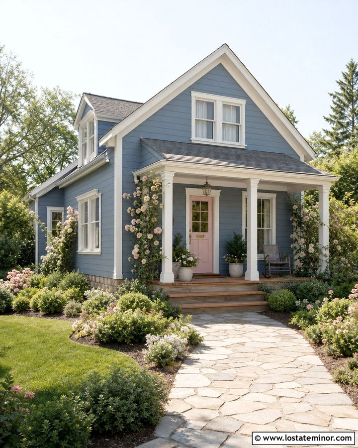 Denim Blue House With Soft Blush Front Door - 30 Denim Blue House Design With Entry Door Ideas