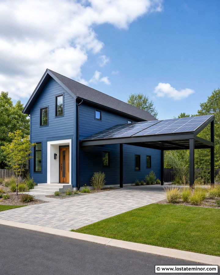 Denim Blue House With Solar Carport - 30 Denim Blue House Design With Carport Ideas