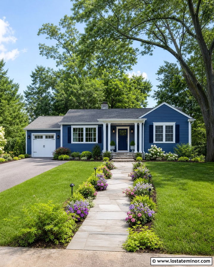 Denim Blue House With Solar Walkway Lights - 30 Denim Blue House Design With Lighting Ideas