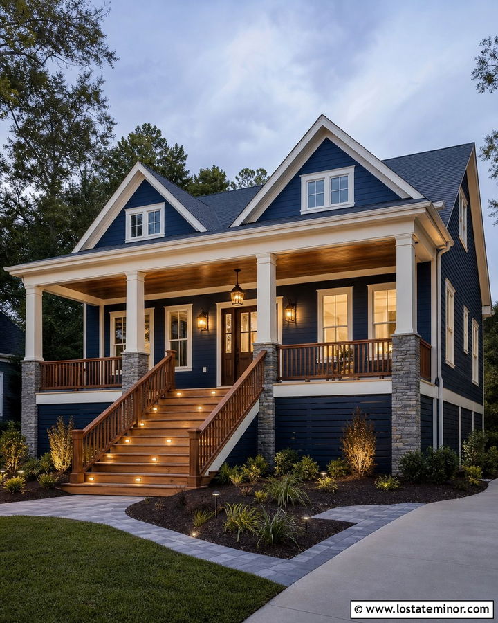 Denim Blue House With Step Lighting - 30 Denim Blue House Design With Lighting Ideas