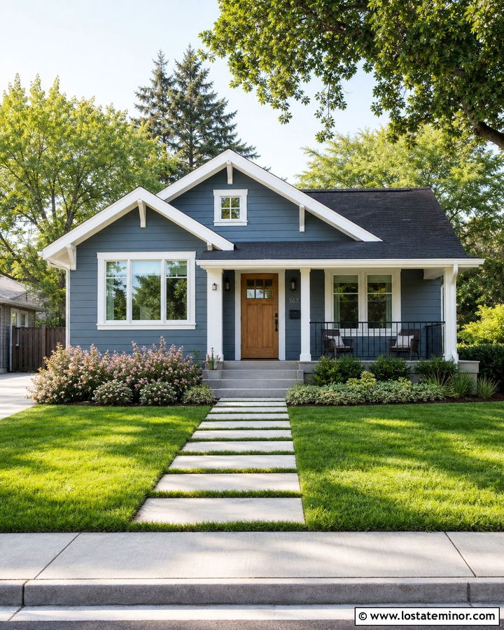 Denim Blue House With Stepping Stone Walkway - 30 Denim Blue House Design With Walkway Ideas