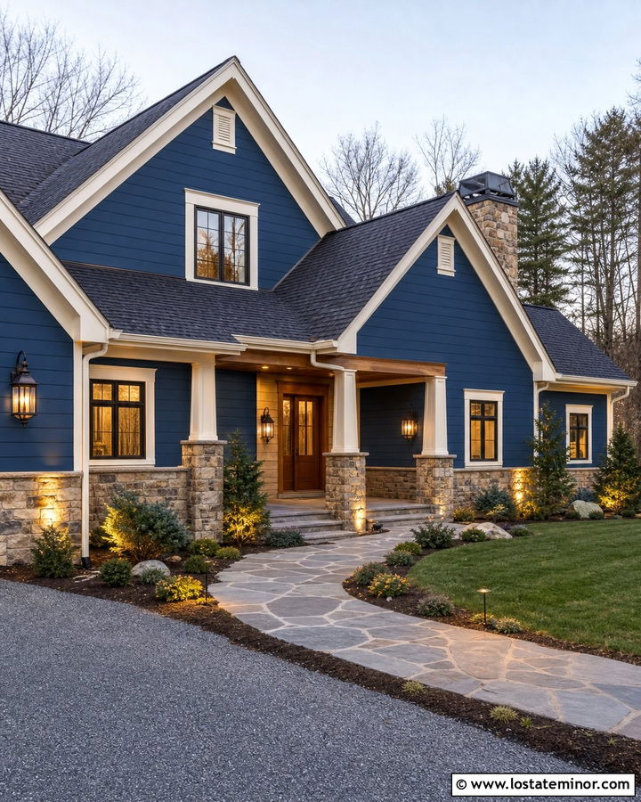 Denim Blue House With Stone Accent Lighting - 30 Denim Blue House Design With Lighting Ideas