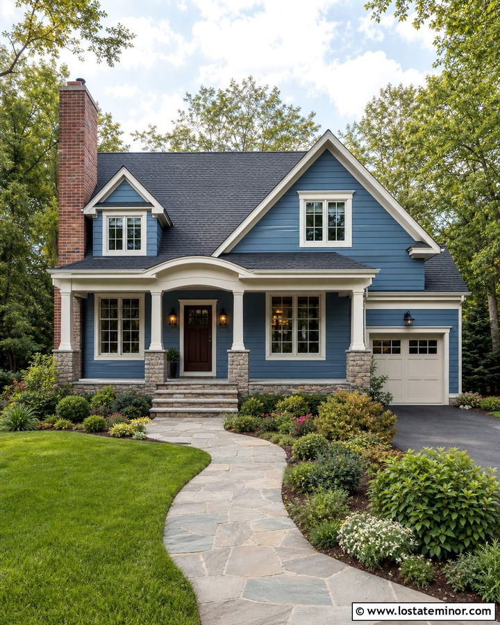 Denim Blue House With Stone And Brick - 30 Denim Blue House Design With Stone Accents Ideas