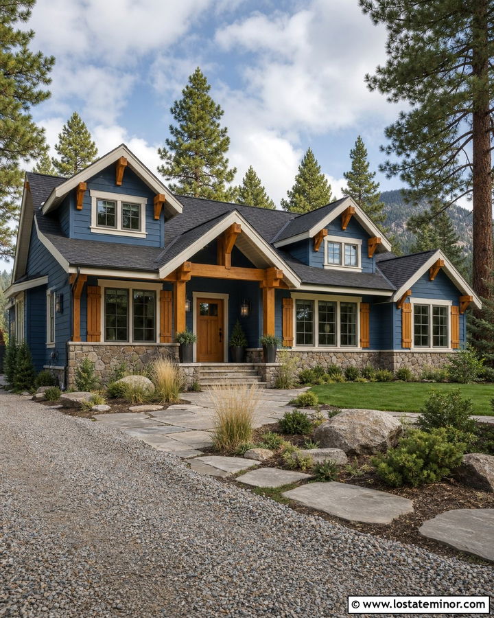 Denim Blue House With Stone And Wood Shutters - 30 Denim Blue House Design With Shutters Ideas