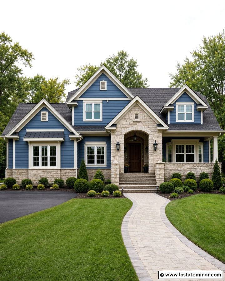 Denim Blue House With Stone Arched Entry - 30 Denim Blue House Design With Stone Accents Ideas