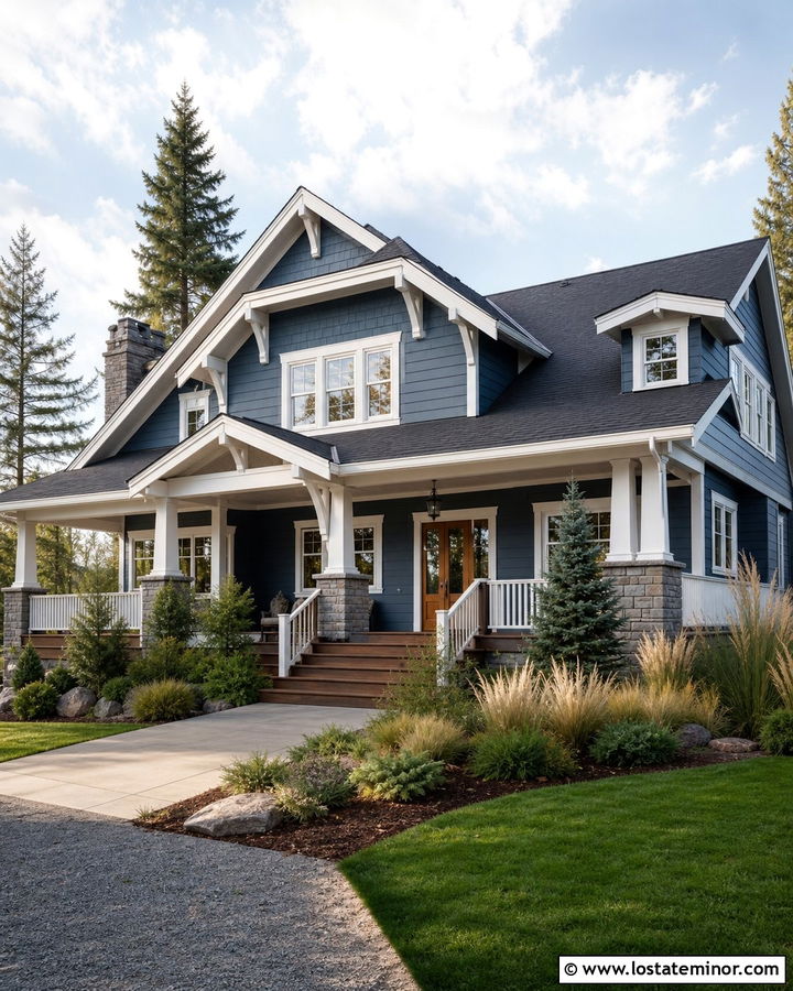 Denim Blue House With Stone Base Deck - 30 Denim Blue House Design With Deck Ideas