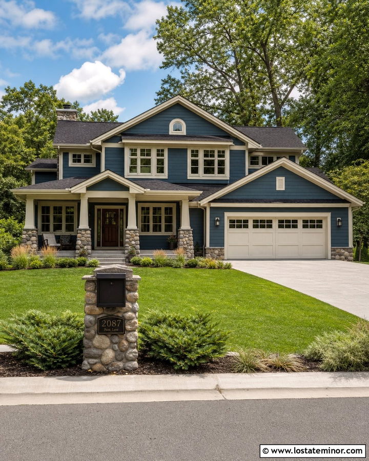 Denim Blue House With Stone Base Mailbox - 30 Denim Blue House Design With Mailbox Ideas