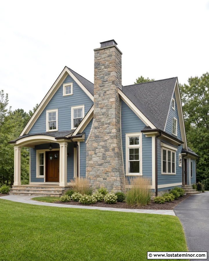Denim Blue House With Stone Chimney - 30 Denim Blue House Design With Stone Accents Ideas
