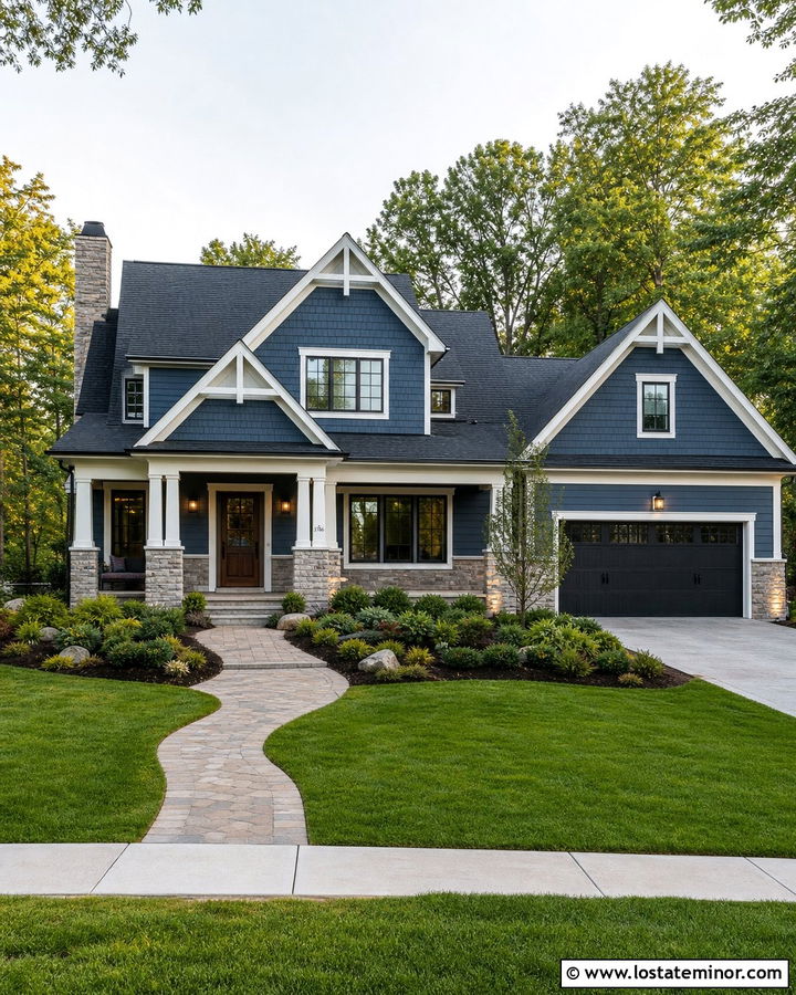 Denim Blue House With Stone Columns And Uplights - 30 Denim Blue House Design With Light Fixtures Ideas