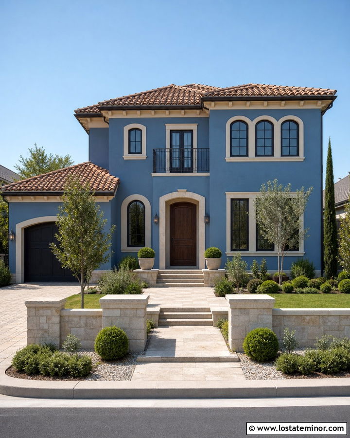 Denim Blue House With Stone Courtyard - 30 Denim Blue House Design With Stone Accents Ideas