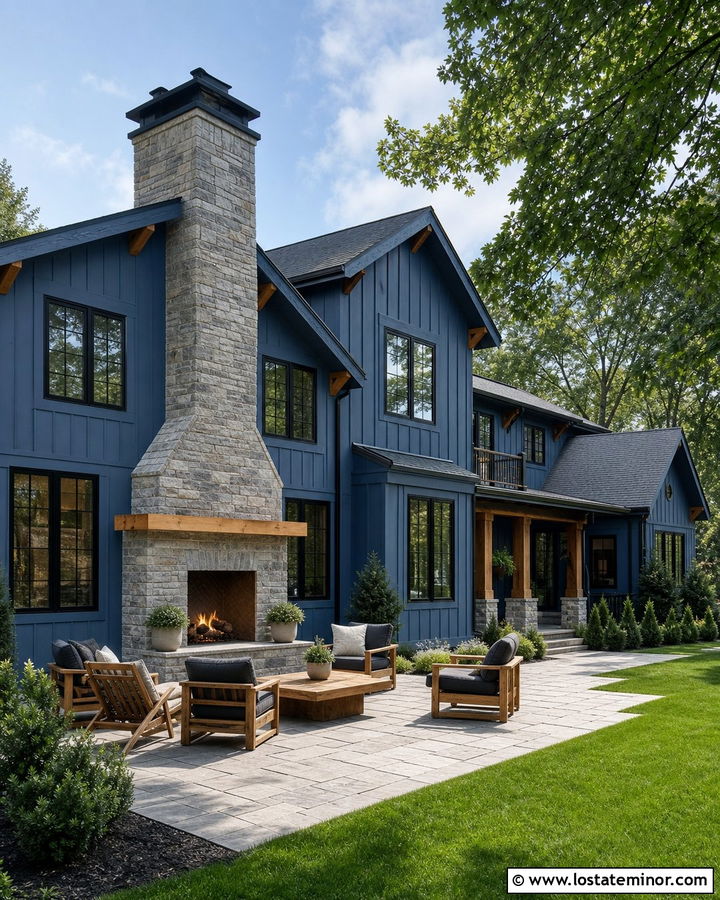 Denim Blue House With Stone Fireplace Patio - 30 Denim Blue House Design With Backyard Ideas