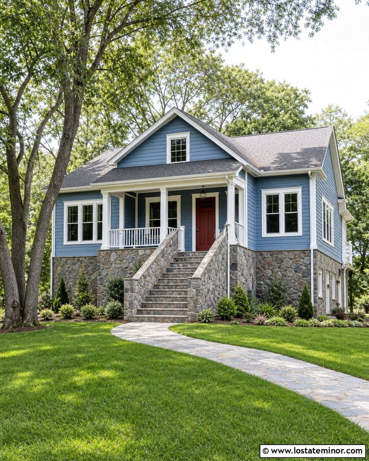 Denim Blue House With Stone Foundation - 30 Denim Blue House Design With Stone Accents Ideas