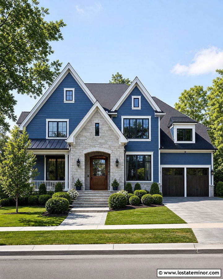 Denim Blue House With Stone Gable Accents - 30 Denim Blue House Design With Stone Accents Ideas