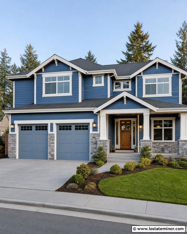Denim Blue House With Stone Garage Columns - 30 Denim Blue House Design With Stone Accents Ideas