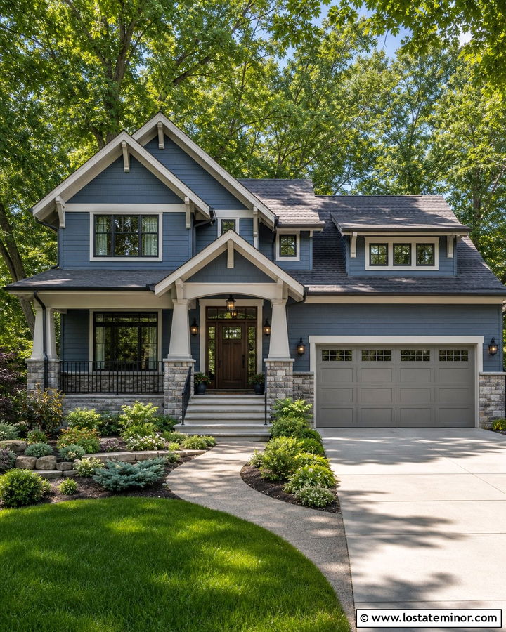 Denim Blue House With Stone Gray Garage Door - 30 Denim Blue House Design With Garage Door Ideas