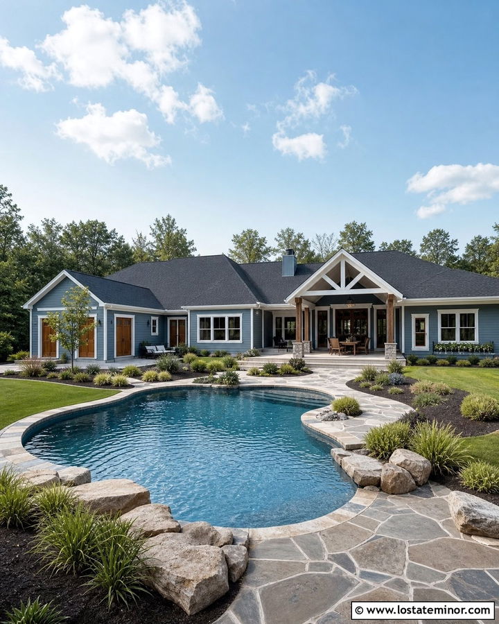 Denim Blue House With Stone Patio And Freeform Pool - 30 Denim Blue House Design With Swimming Pool Ideas