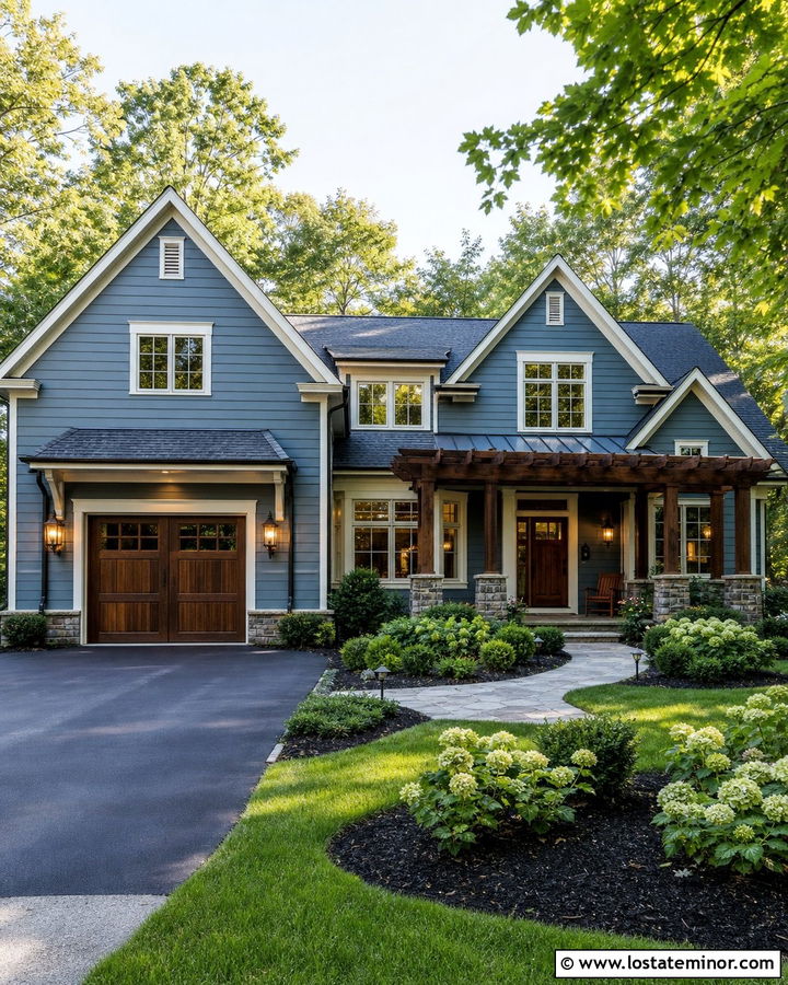 Denim Blue House With Stone Patio Pergola - 30 Denim Blue House Design With Pergola Ideas