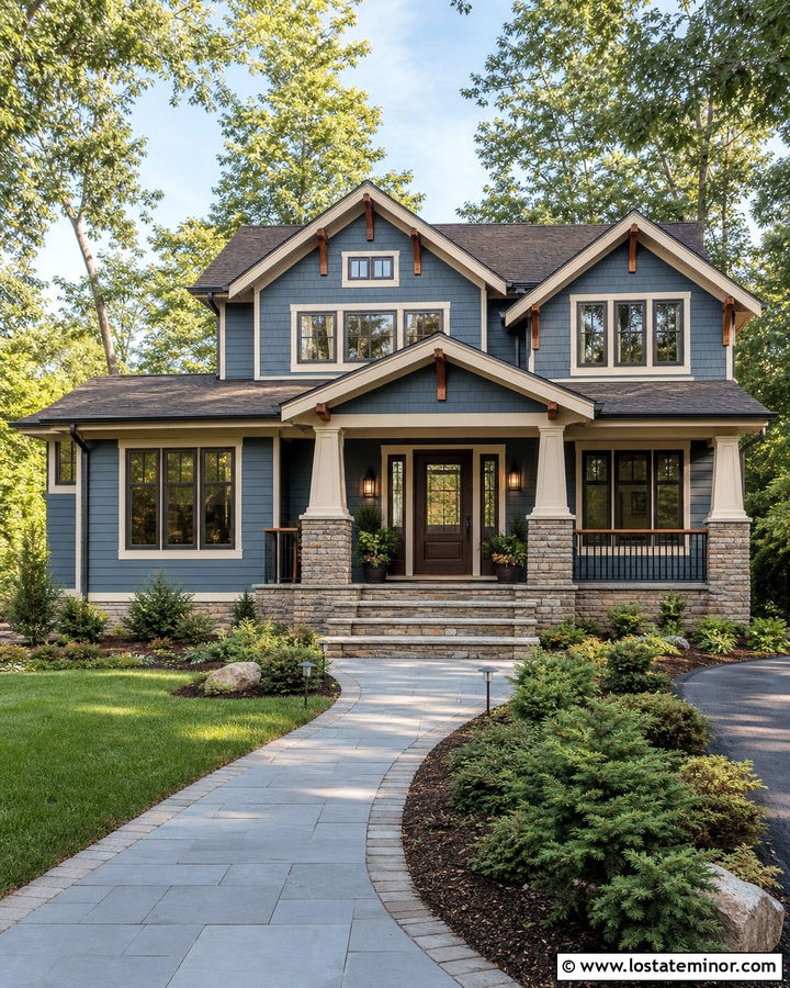 Denim Blue House With Stone Porch And Storm Door - 30 Denim Blue House Design With Storm Door Ideas