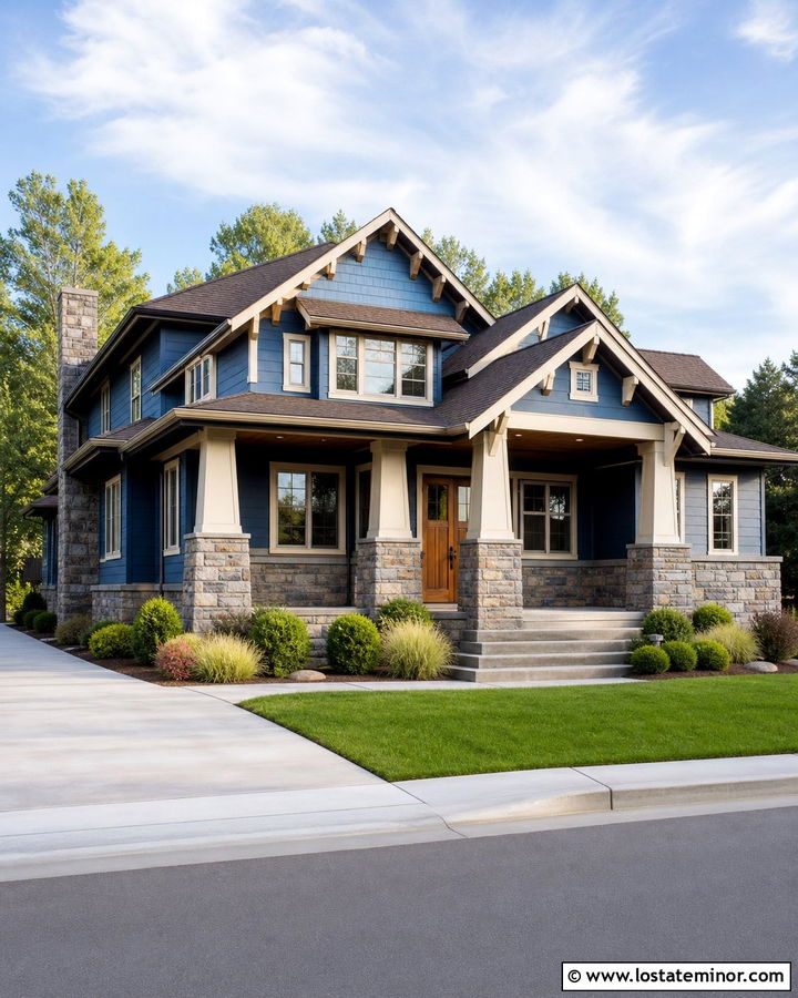 Denim Blue House With Stone Porch Columns - 30 Denim Blue House Design With Front Porch Ideas