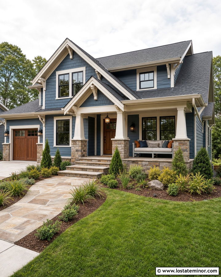 Denim Blue House With Stone Porch Daybed - 30 Denim Blue House Design With Daybed Ideas