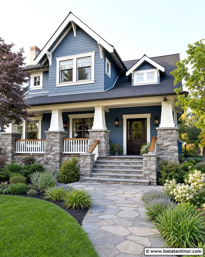 Denim Blue House With Stone Porch Railings - 30 Denim Blue House Design With Railings Ideas
