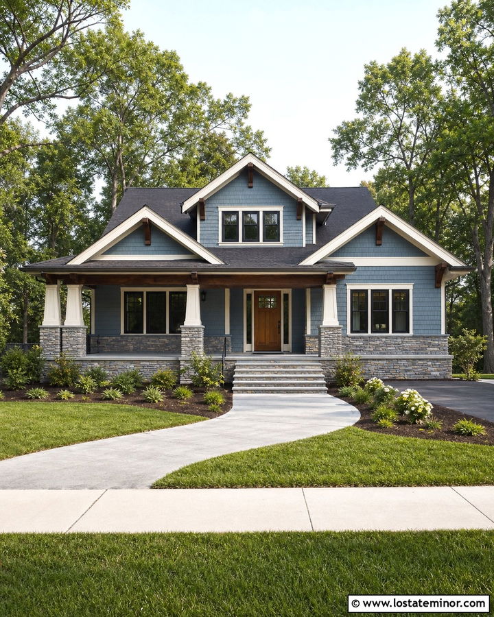 Denim Blue House With Stone Porch Steps - 30 Denim Blue House Design With Steps Ideas