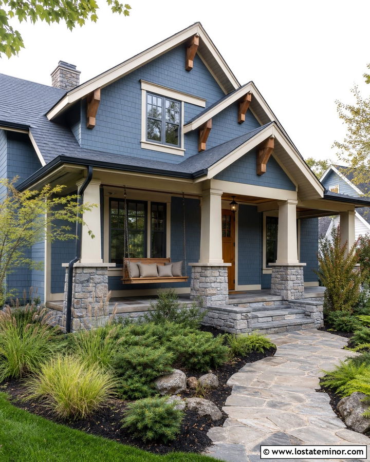 Denim Blue House With Stone Porch Swing - 30 Denim Blue House Design With Swing Ideas