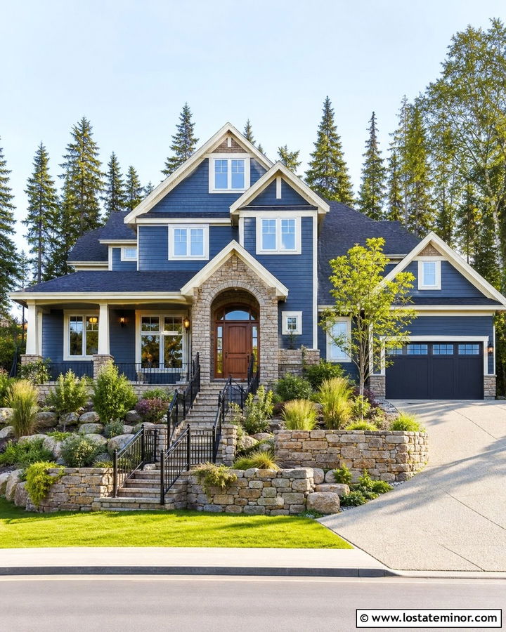 Denim Blue House With Stone Retaining Walls - 30 Denim Blue House Design With Stone Accents Ideas