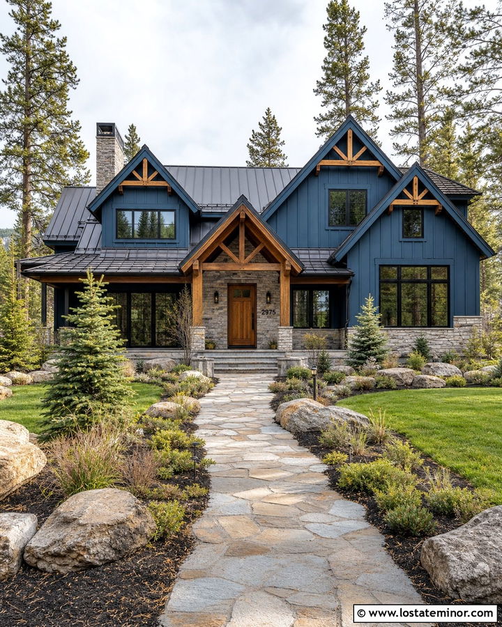 Denim Blue House With Stone Veneer Address - 30 Denim Blue House Design With House Numbers Ideas