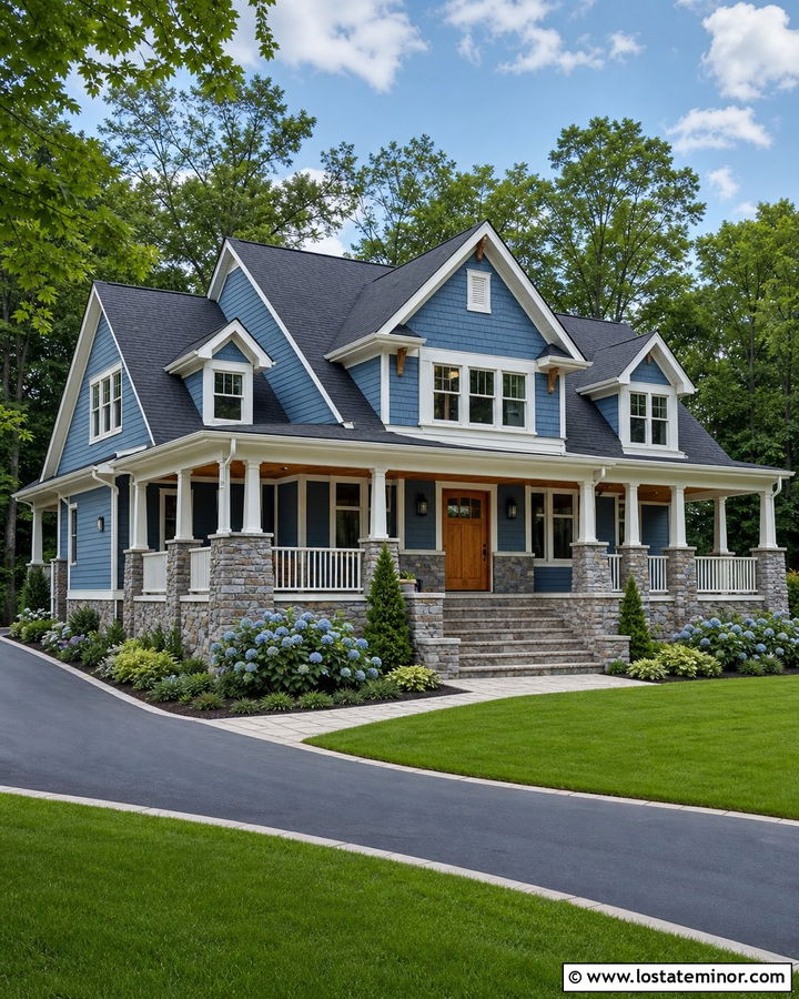 Denim Blue House With Stone Wraparound Porch - 30 Denim Blue House Design With Stone Accents Ideas