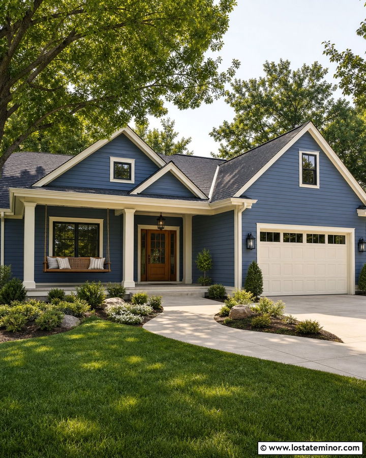 Denim Blue House With Swing And Garage - 30 Denim Blue House Design With Swing Ideas