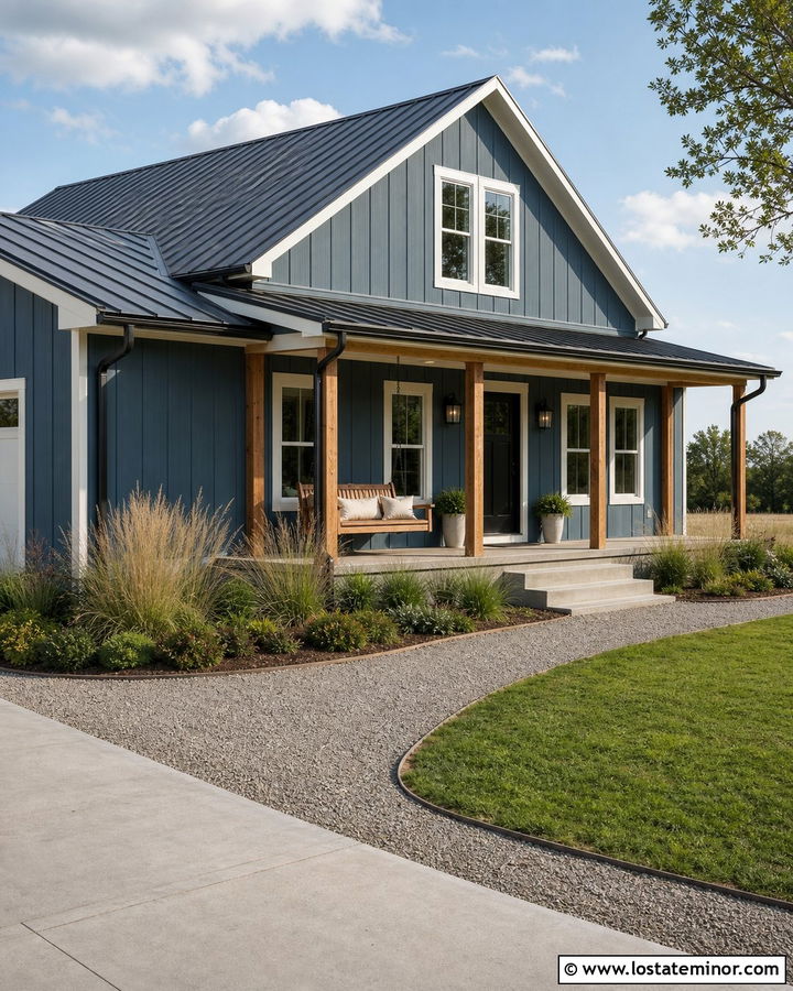 Denim Blue House With Swing And Metal Roof - 30 Denim Blue House Design With Swing Ideas