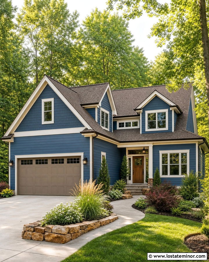Denim Blue House With Taupe Garage Door - 30 Denim Blue House Design With Garage Door Ideas