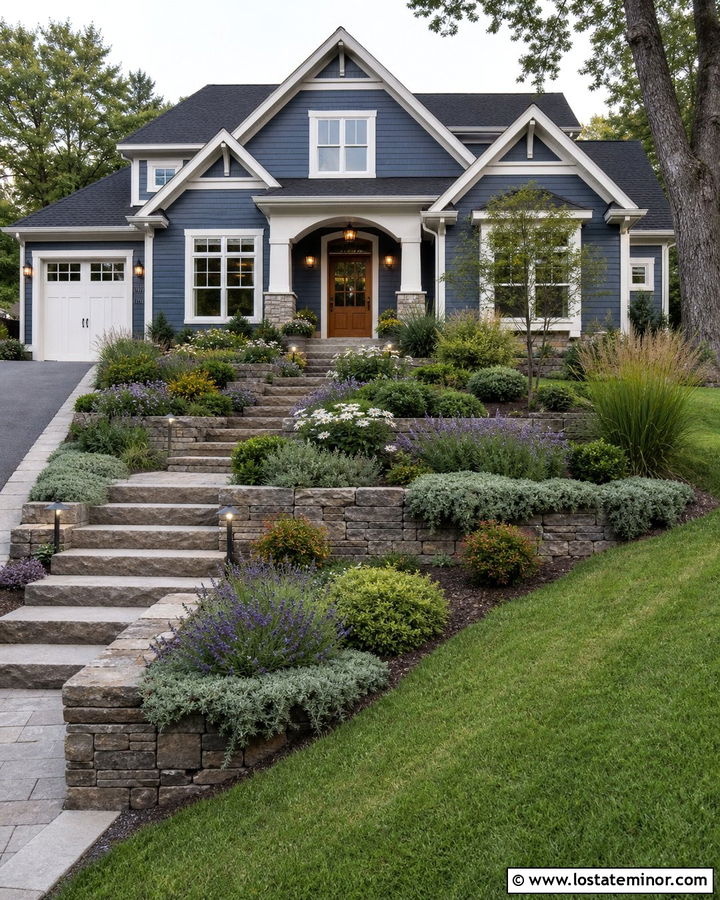 Denim Blue House With Terraced Stone Landscaping - 30 Denim Blue House Design With Landscaping Ideas