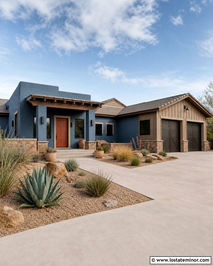 Denim Blue House With Terracotta Door - 30 Denim Blue House Design With Accents Ideas
