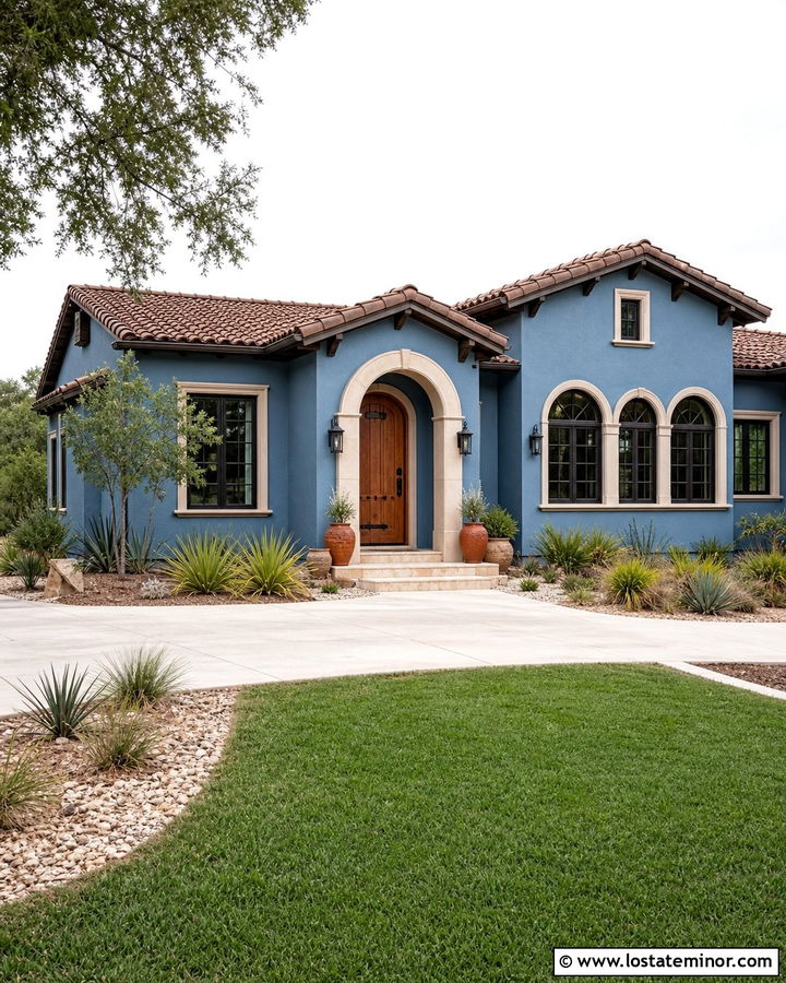 Denim Blue House With Terracotta Front Door - 30 Denim Blue House Design With Front Door Ideas