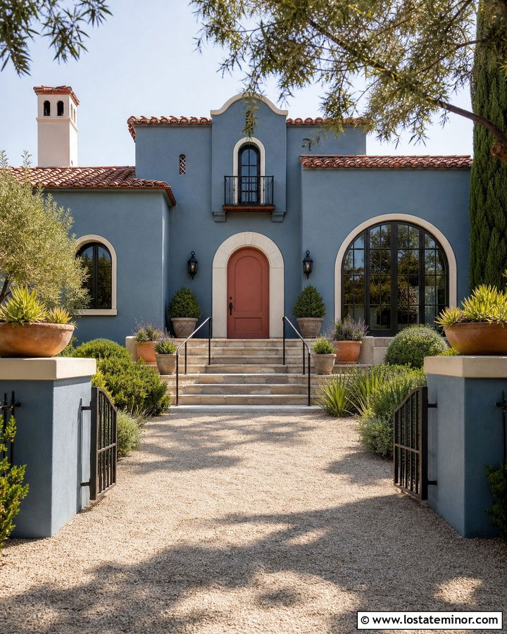 Denim Blue House With Terracotta Front Door - 30 Denim Blue House Design With Entry Door Ideas