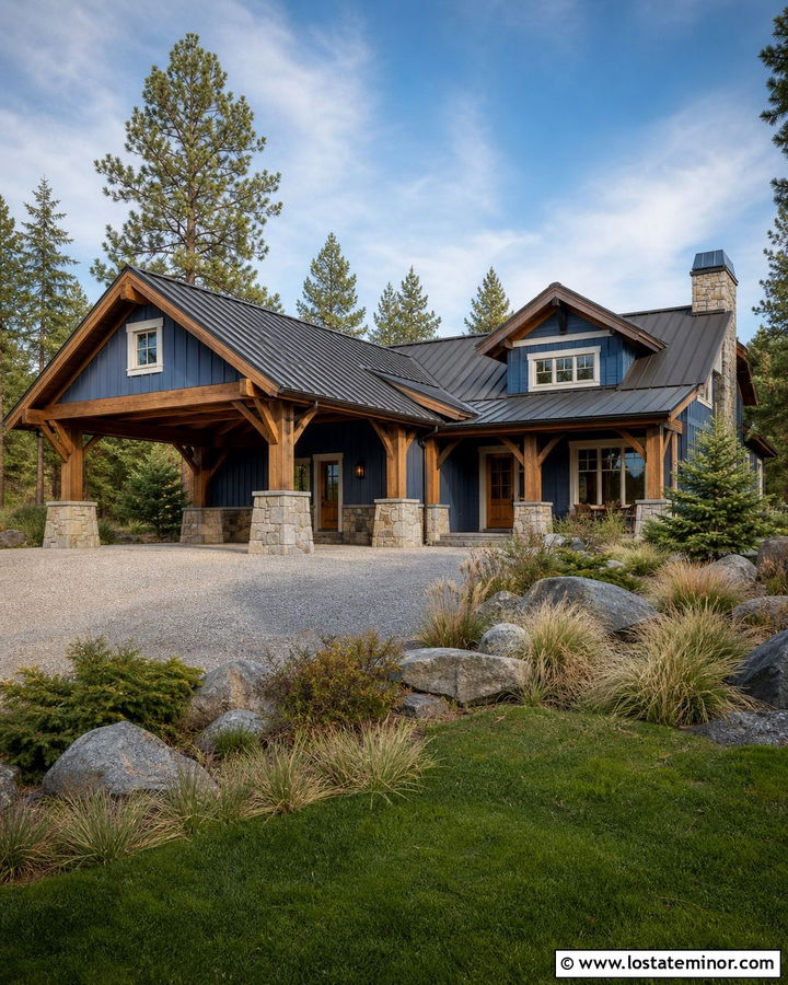 Denim Blue House With Timber Frame Carport - 30 Denim Blue House Design With Carport Ideas